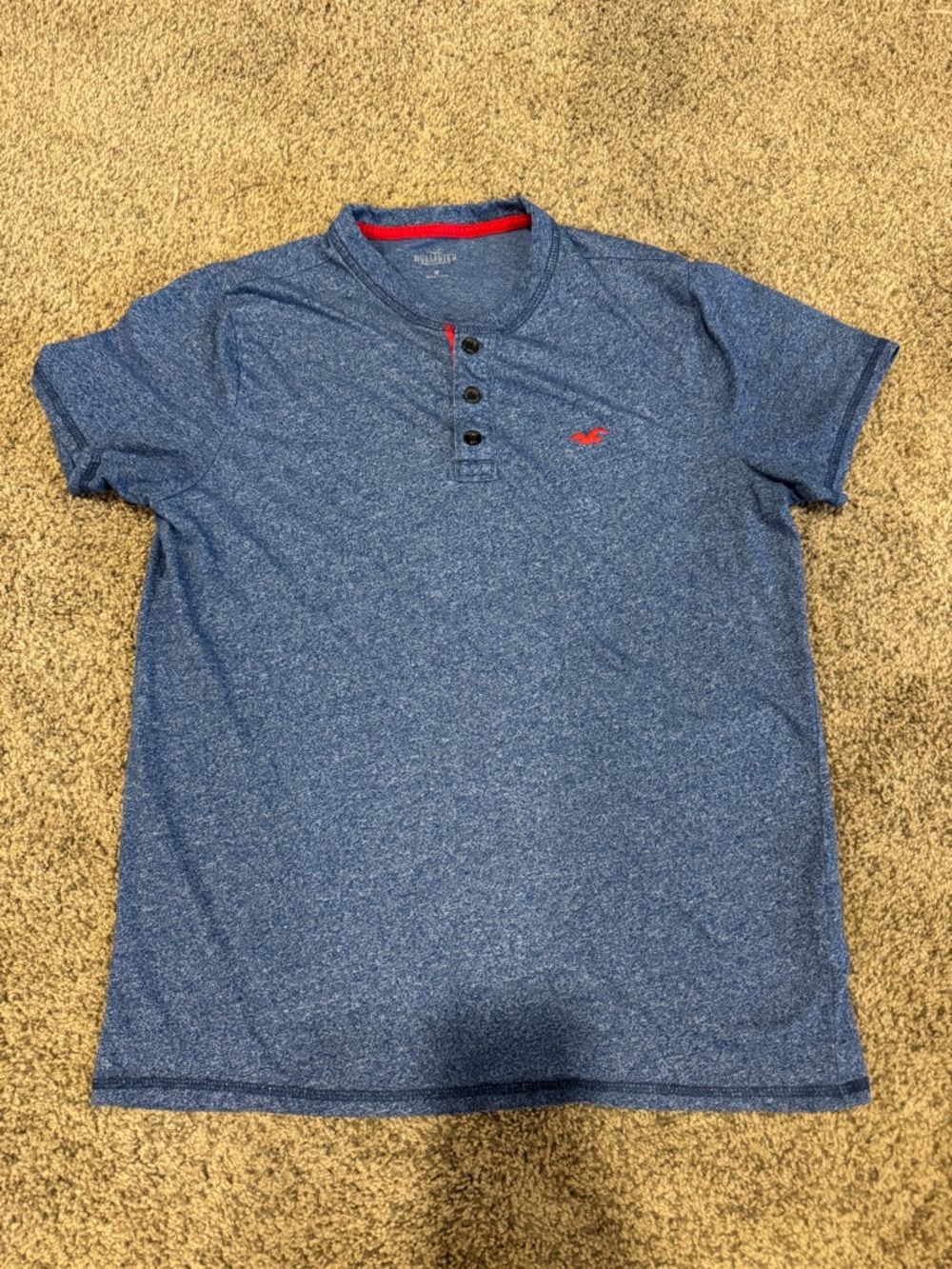 Hollister Heathered Blue Short-Sleeve Henley with Red Accent